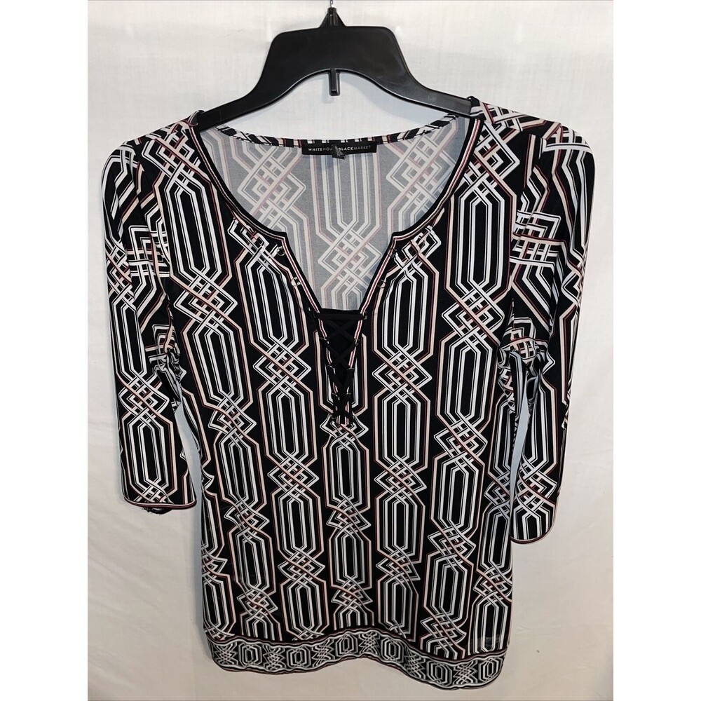 White House Black Market Dress Tunic Women’s Size Medium Black Geometric 3/4 Slv